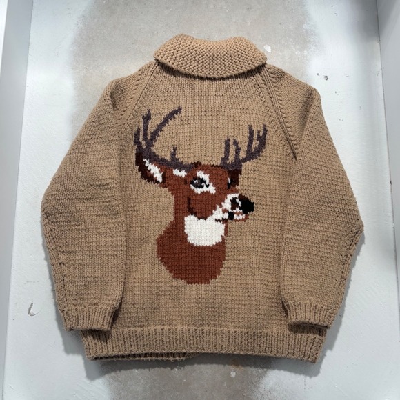 Other - Vintage Cowichan Hand Knit Wool Jacket Deer Buck Tan Zip Cardigan Mens XL 22x28